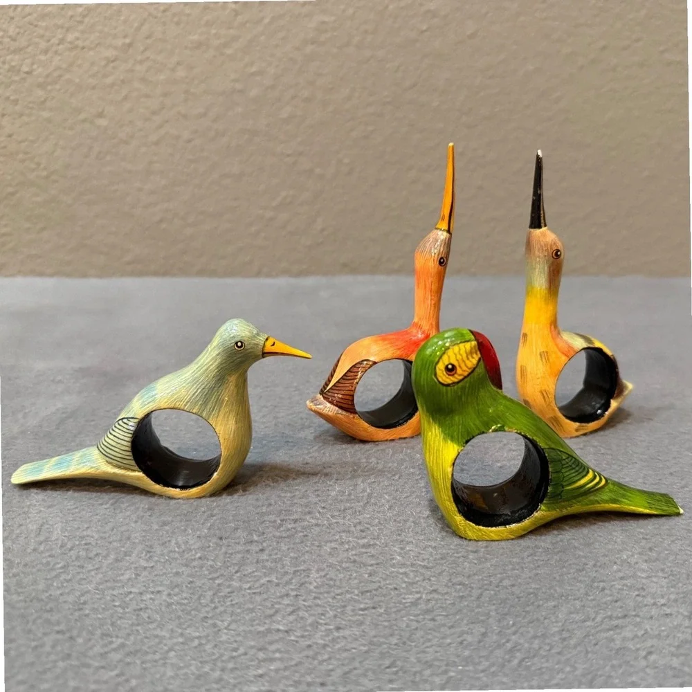 Vintage Hand Painted Wooden Bird Napkin Rings Set of 4 Tropical Folk Art Decor